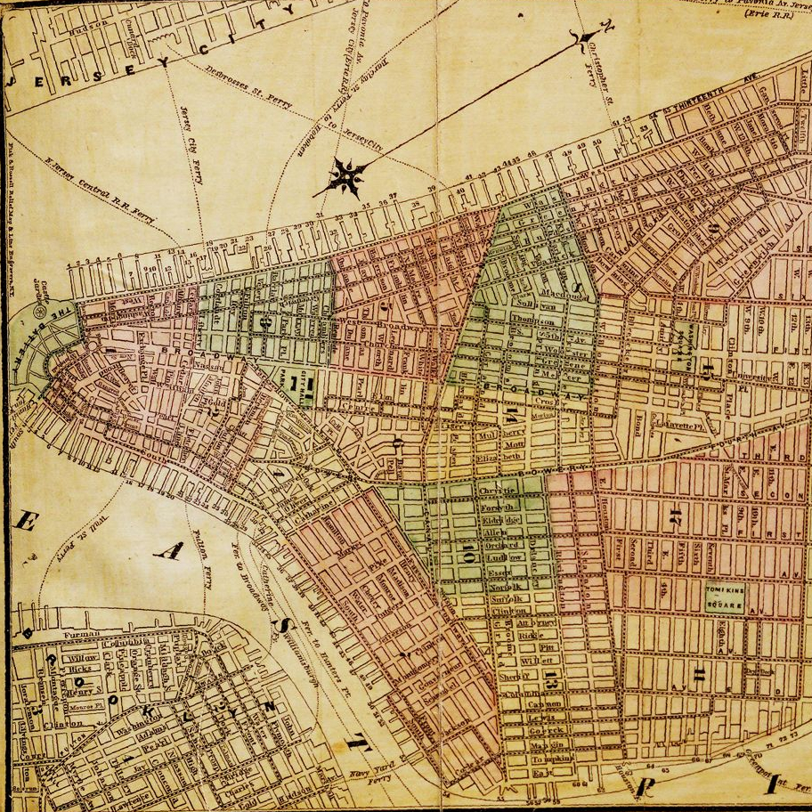 A detail image of the city of New York, consisting of lower Manhattan, taken from a NYC directory published in 1874.